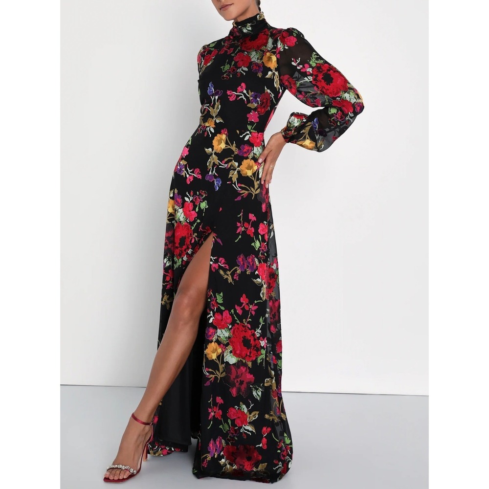 Lulus Graceful Arrival Black Burnout Velvet Backless Floral Gown NWT Size L 2718